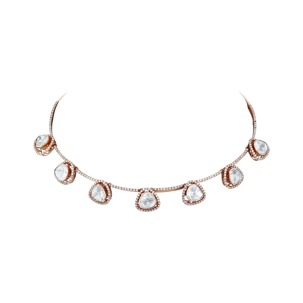 Rose Gold Polki Necklace with Brilliant-Cut Diamond Halo